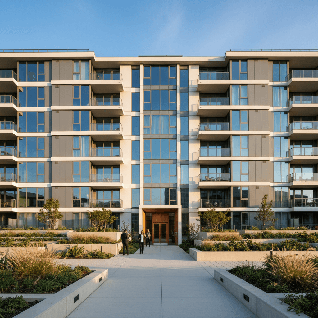 Modern residential property exterior with well-manicured garden in afternoon light